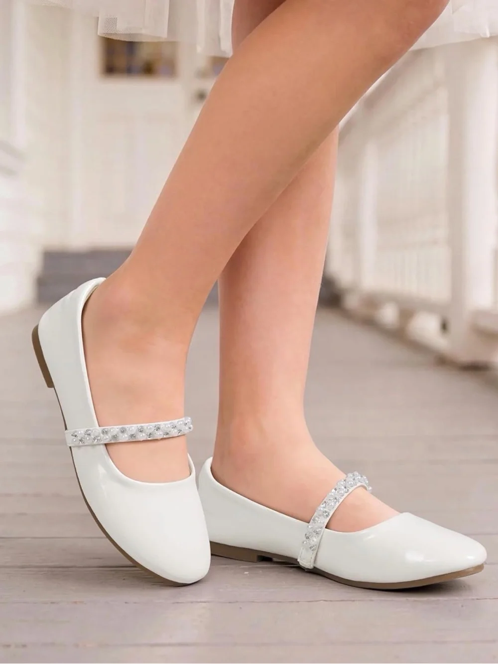 Girls White Mary Jane Flats with Crystal Strap